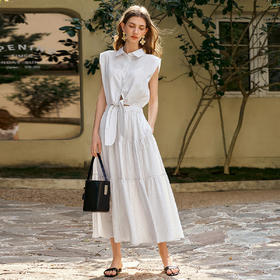 OLrain欧芮儿无袖翻领系带假两件连衣裙女夏季2025新款白色公主裙