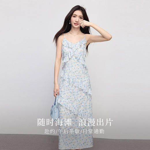 【周末秒杀】熙世界法式碎花吊带连衣裙2025夏日新款荷叶边度假风海边沙滩裙 商品图1