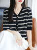 板绘小香风条纹V领针织短袖 莱赛尔材质冰丝凉爽 轻奢小香风气质 轻薄透气 显瘦百搭 商品缩略图1
