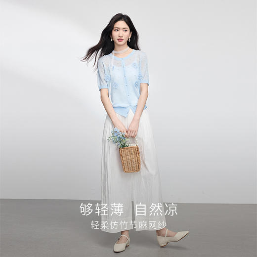 【专属特价】熙世界微透针织开衫女薄款2025夏季新款宽松时尚减龄立体花朵上衣 商品图1