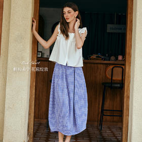 OLrain欧芮儿蓝色格子设计感花包裙夏季2025新款半身裙高腰A字裙