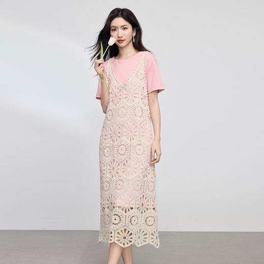 【专属特价】熙世界波嬉风钩花镂空背心连衣裙套装女夏季短袖T恤吊带裙两件套 商品图4