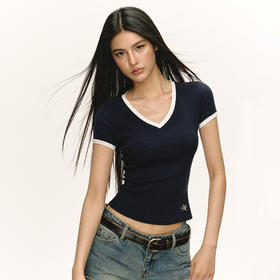 Ariseism 美式复古辣妹撞色V领短袖T恤女2025夏季新款修身上衣