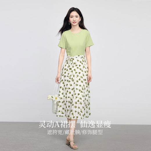 熙世界短袖T恤拼接碎花连衣裙女假两件收腰显瘦裙子2025夏季新款 商品图3