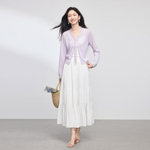【夏日新品】熙世界紫色蕾丝飘带针织开衫女薄款夏季新款V领冰丝防晒罩衫上衣 商品图2