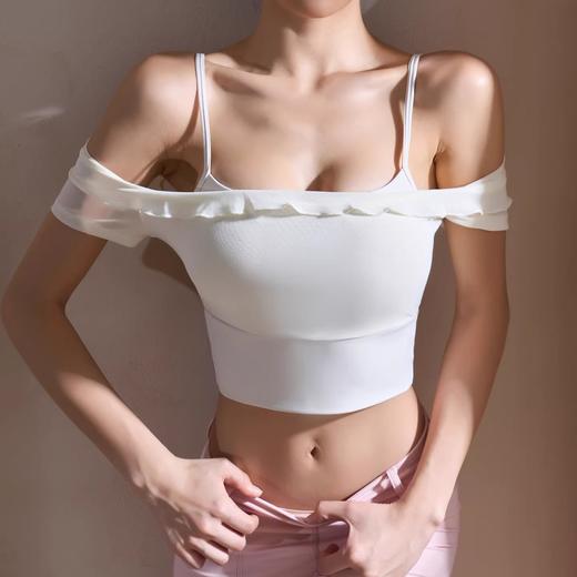 跃牌【禅语梵心】纯欲风花边网纱瑜伽服短袖带胸垫跑步运动文胸一体杯健身服DX5440 商品图2