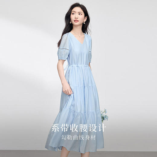 熙世界法式V领蓝色连衣裙女夏季气质收腰泡泡袖醋酸a字蛋糕裙子 商品图3
