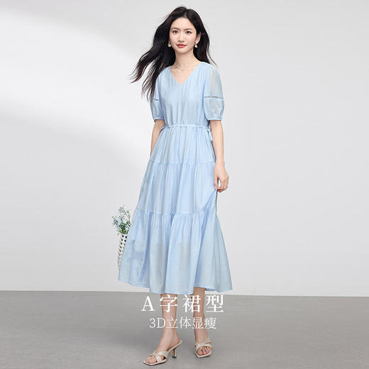 熙世界法式V领蓝色连衣裙女夏季气质收腰泡泡袖醋酸a字蛋糕裙子 商品图1