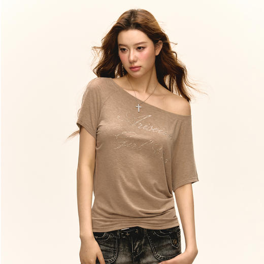 Ariseism 美式复古斜肩短袖T恤女2025夏季新款辣妹宽松上衣 商品图0