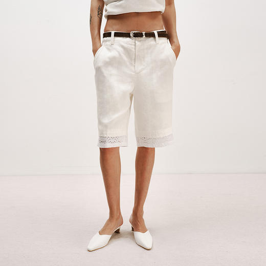 NUTH波西米亚镂空蕾丝白色凉感亚麻天丝宽松直筒五分中裤女 商品图1