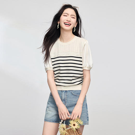 熙世界2025夏新款航海系黑白条纹针织衫女薄款休闲百搭泡泡袖上衣 商品图4