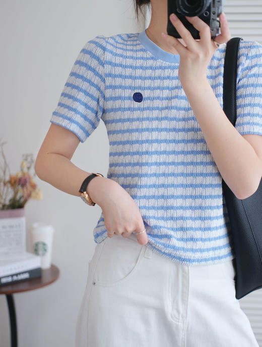 清凉冰激凌法式肌理感笑脸刺绣短袖上衣T恤 商品图6