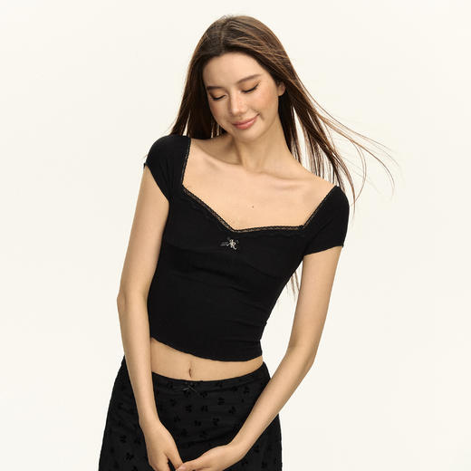 Ariseism 美式复古黑色短款短袖T恤女2025夏季新款辣妹修身上衣 商品图2