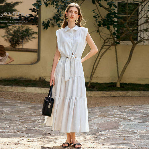 OLrain欧芮儿无袖翻领系带假两件连衣裙女夏季2025新款白色公主裙 商品图2