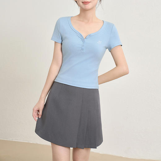 【限时秒杀】法式复古刺绣正肩大领口短袖T恤女夏季弹力修身短款上衣V0050353 商品图5