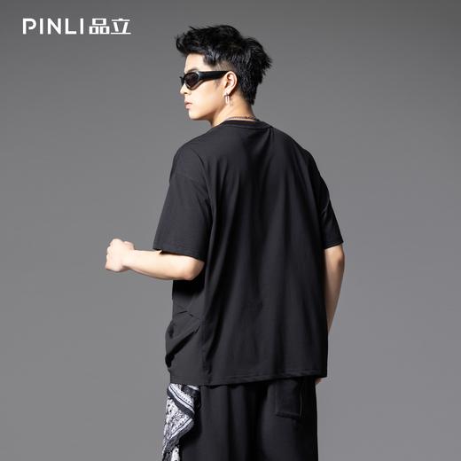 PINLI品立2025夏季新款男士圆领落肩个性口袋装饰短袖T恤宽松上衣B252111070 商品图2