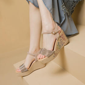 【预售5天】夏季真皮水钻露趾高跟防水台厚底坡跟凉鞋女SMQ&290-11