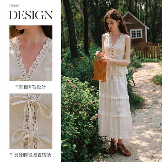 OLrain欧芮儿法式V领小衫夏季2025新款甜美纯欲蕾丝拼接系带背心 商品图1