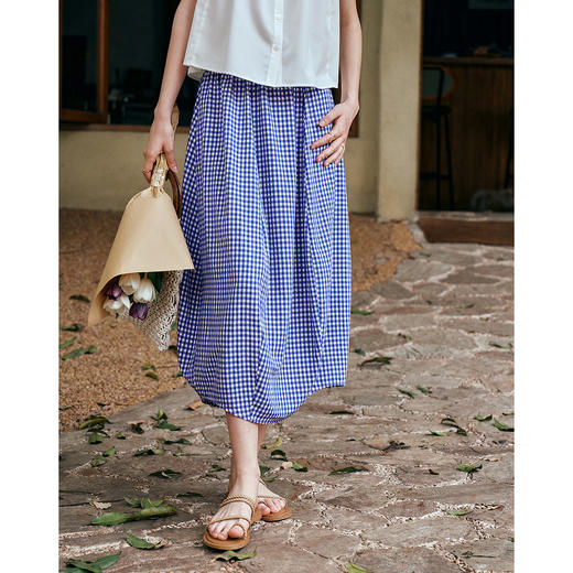 OLrain欧芮儿蓝色格子设计感花包裙夏季2025新款半身裙高腰A字裙 商品图3