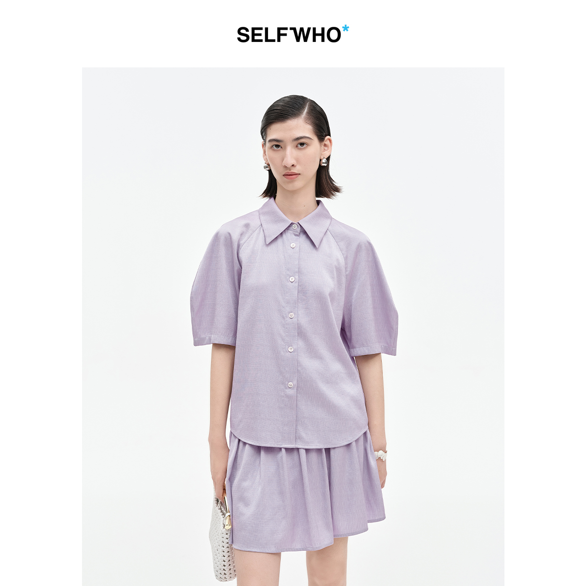 SELFWHO醋酸天丝混纺插肩袖宽松衬衫女2025夏季新款爽滑肌理衬衣