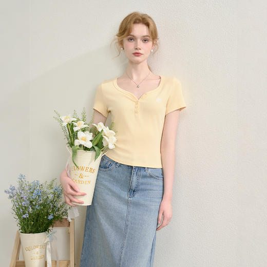 【限时秒杀】法式复古刺绣正肩大领口短袖T恤女夏季弹力修身短款上衣V0050353 商品图4
