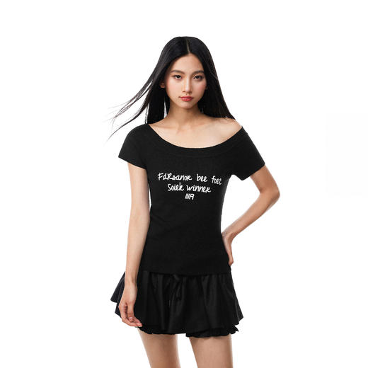 FDR官方店 针织一字肩斜肩上衣女夏季辣妹修身显瘦露肩短袖t恤 商品图2