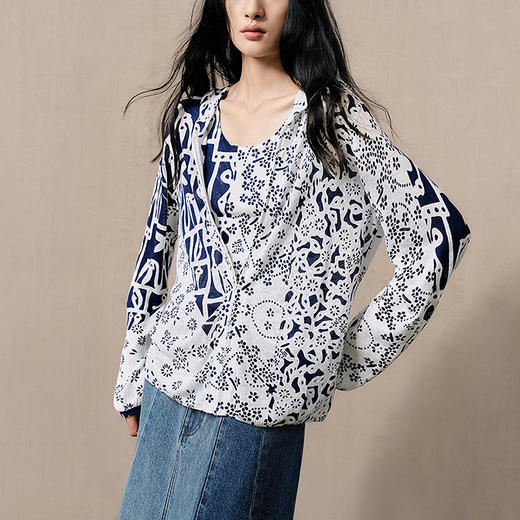 【林栖设计小店】【现货】桑蚕丝混纺毛织外套蓝印花纹复古百搭2025夏季新款卫衣女1952528 商品图1