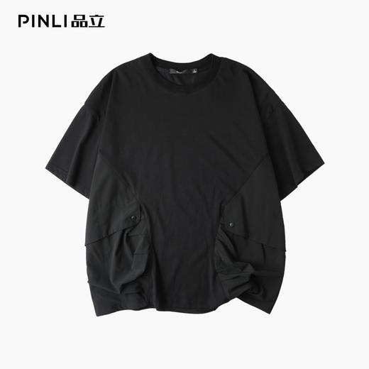 PINLI品立2025夏季新款男士圆领落肩个性口袋装饰短袖T恤宽松上衣B252111070 商品图3