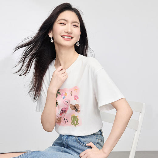 【专属特价】熙世界休闲卡通印花T恤女短袖夏季宽松百搭减龄圆领上衣2025新款 商品图4