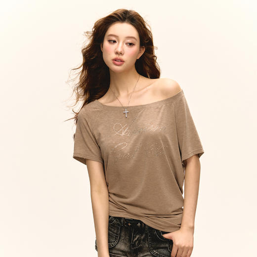 Ariseism 美式复古斜肩短袖T恤女2025夏季新款辣妹宽松上衣 商品图2