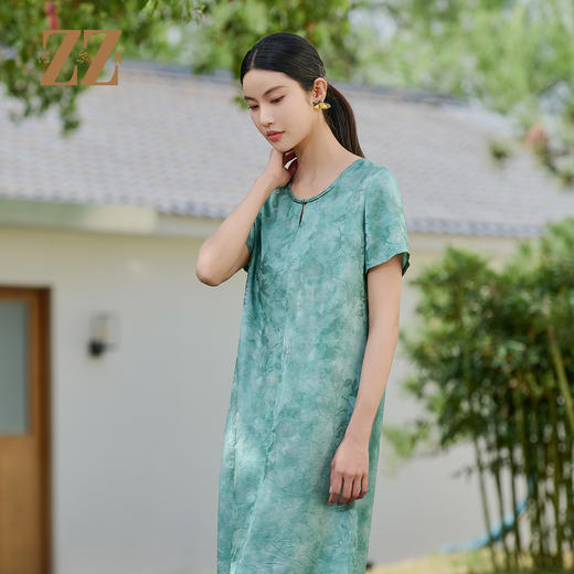 佐尔美优雅国风新中式100%桑蚕丝连衣裙女M52LS17 商品图1