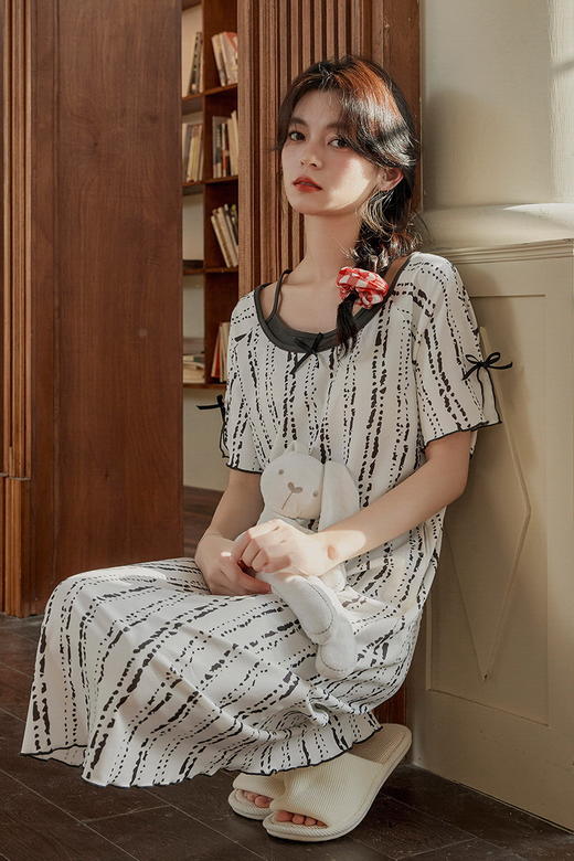 【GZ】无忧购冰丝螺纹假两件睡裙家居服带胸垫（截单后3-5天发货) 商品图8