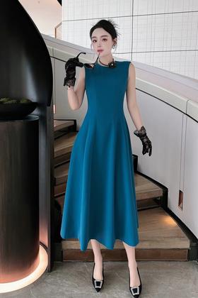 ELLA JADE 藏蓝色收腰无袖醋酸连衣裙 20332