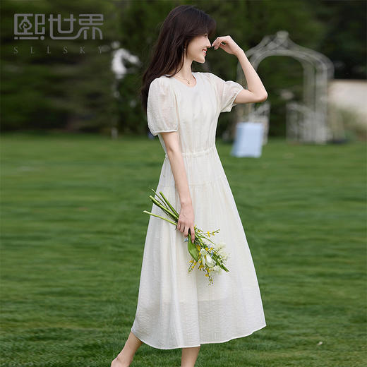 熙世界法式白色连衣裙女高级感气质收腰莱赛尔天丝长裙子夏季新款 商品图0