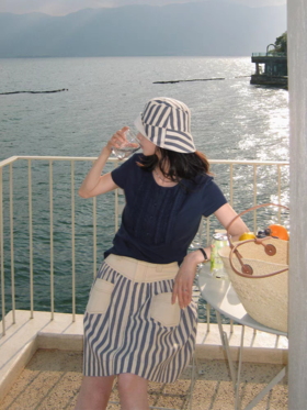 浮生八记/25A046/全棉撞色蓝白红白条纹半裙