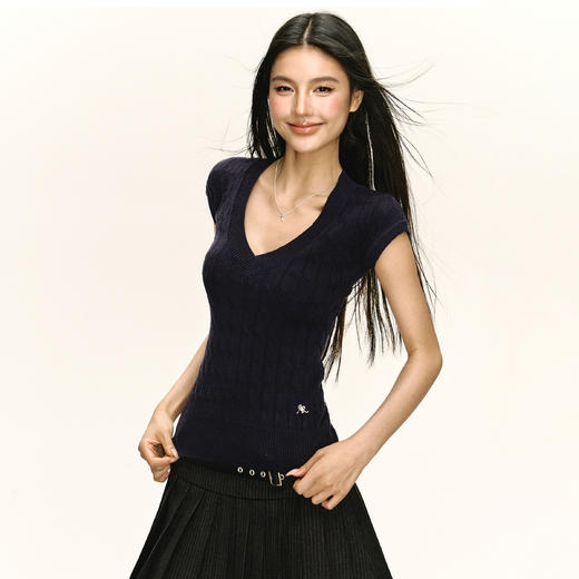 Ariseism美式复古v领针织短袖T恤女2025夏季新款辣妹修身上衣 商品图2