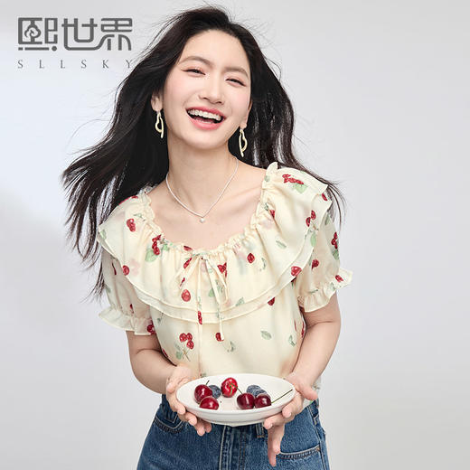 熙世界法式樱桃印花雪纺衫女夏2025新款双层花边领荷叶袖小衫上衣 商品图0
