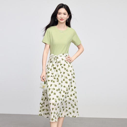 熙世界短袖T恤拼接碎花连衣裙女假两件收腰显瘦裙子2025夏季新款 商品图2