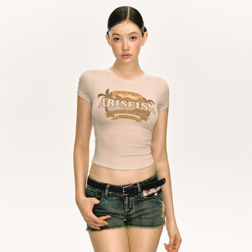 Ariseism美式复古圆领印花短袖T恤女2025夏季新款短款修身上衣 商品图3