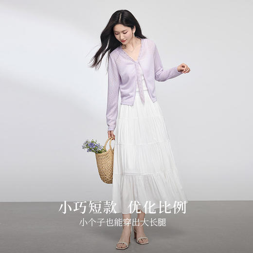 【夏日新品】熙世界紫色蕾丝飘带针织开衫女薄款夏季新款V领冰丝防晒罩衫上衣 商品图3