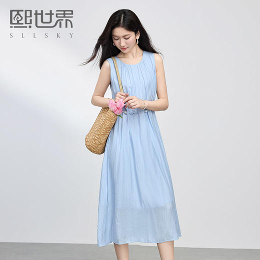 【专属特价】熙世界法式度假风串珠收腰蓝色连衣裙女夏新款圆领无袖背心长裙子 商品图0