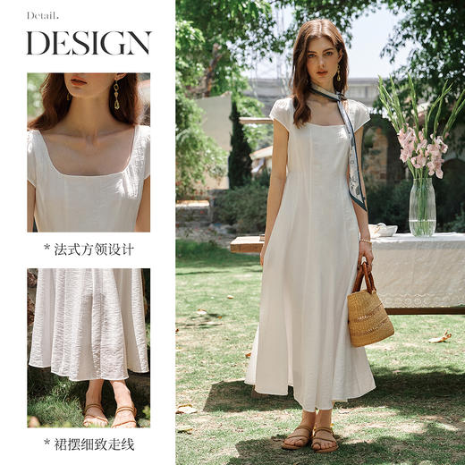 OLrain欧芮儿法式优雅白色收腰连衣裙女夏季2025新款方领茶歇裙 商品图1
