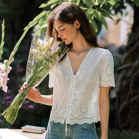 OLrain欧芮儿镂空蕾丝系带短袖小衫女夏季2025新款小个子雪纺衫