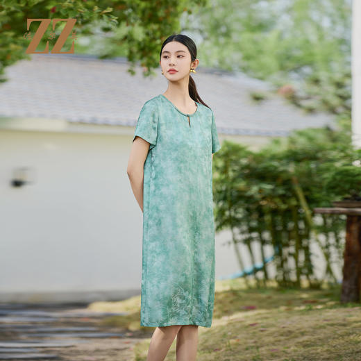 佐尔美优雅国风新中式100%桑蚕丝连衣裙女M52LS17 商品图3