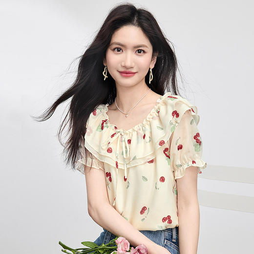 熙世界法式樱桃印花雪纺衫女夏2025新款双层花边领荷叶袖小衫上衣 商品图3