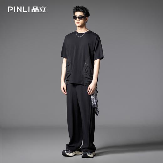 PINLI品立2025夏季新款男士圆领落肩个性口袋装饰短袖T恤宽松上衣B252111070 商品图1