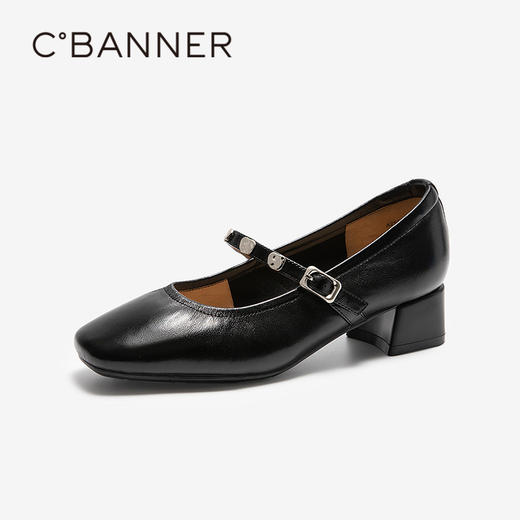 千百度扣饰玛丽珍鞋女粗高跟鞋通勤真皮方头浅口单鞋A25490931 商品图1