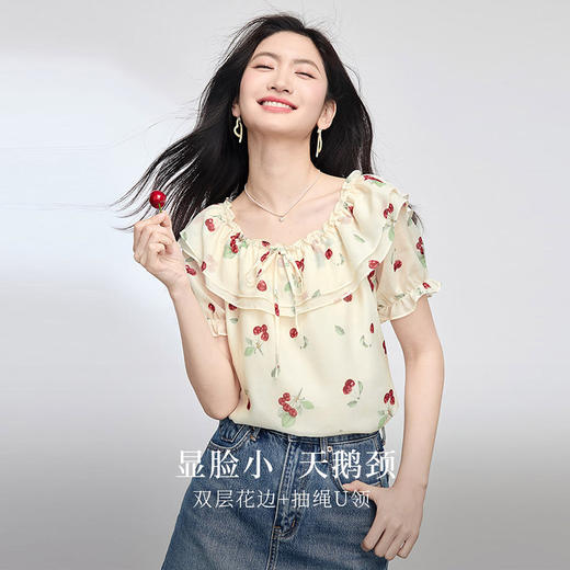 熙世界法式樱桃印花雪纺衫女夏2025新款双层花边领荷叶袖小衫上衣 商品图1