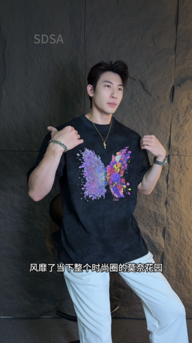 T3576夏季高级感新款男士简约胸前蝴蝶印花圆领短袖T恤百搭时尚上衣