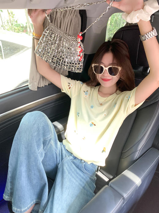 <曾小咸推荐>韩系黄色重工刺绣针织短袖T恤 商品图10